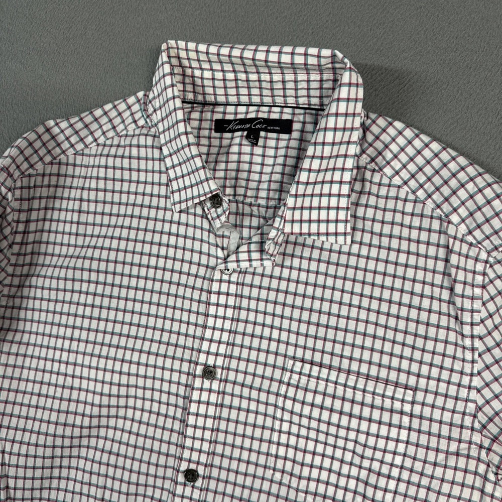 Kenneth Cole Shirt Mens Large White Check Long Sleeve Button Down Cotton Dress